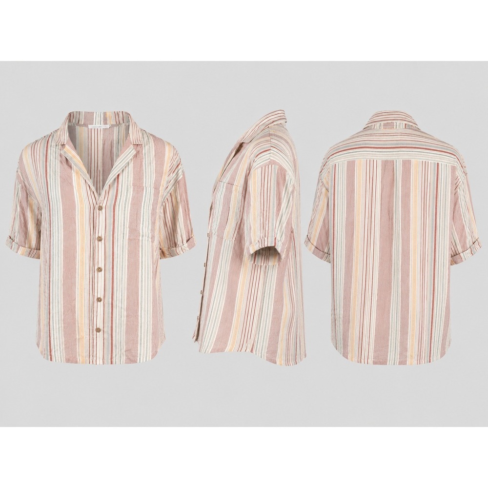 Prana Iguala Top Womens Large Clay Stripe Button Down Short Sleeve Boxy 1970891